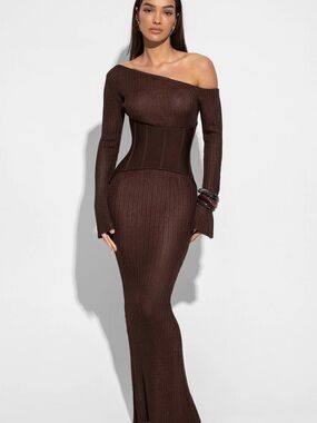 Asymmetrical One-Shoulder Brown Ribbed Maxi Dress with Waist Corset